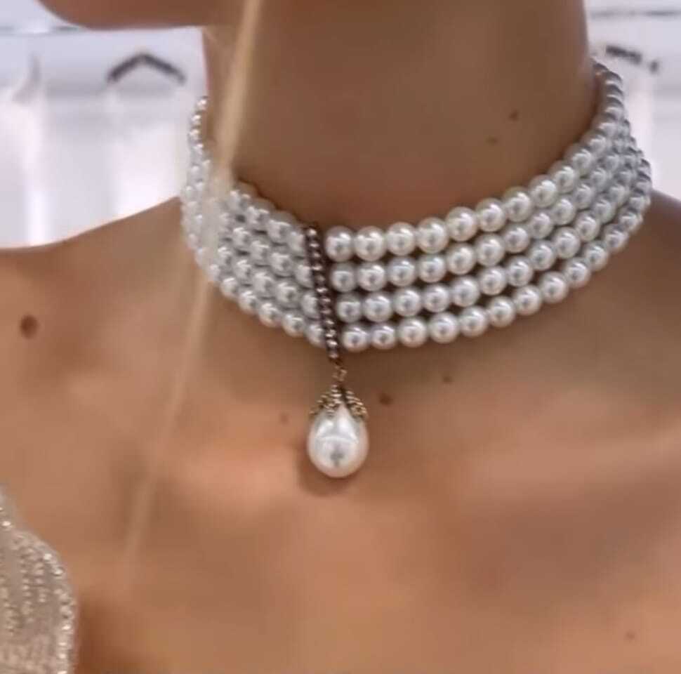 Vog 4 Sıra Cam İnci Tasarım Choker-Hürrem Sultan Modeli Bronz Meteryal Gelin Nişan Choker Gerdanlık