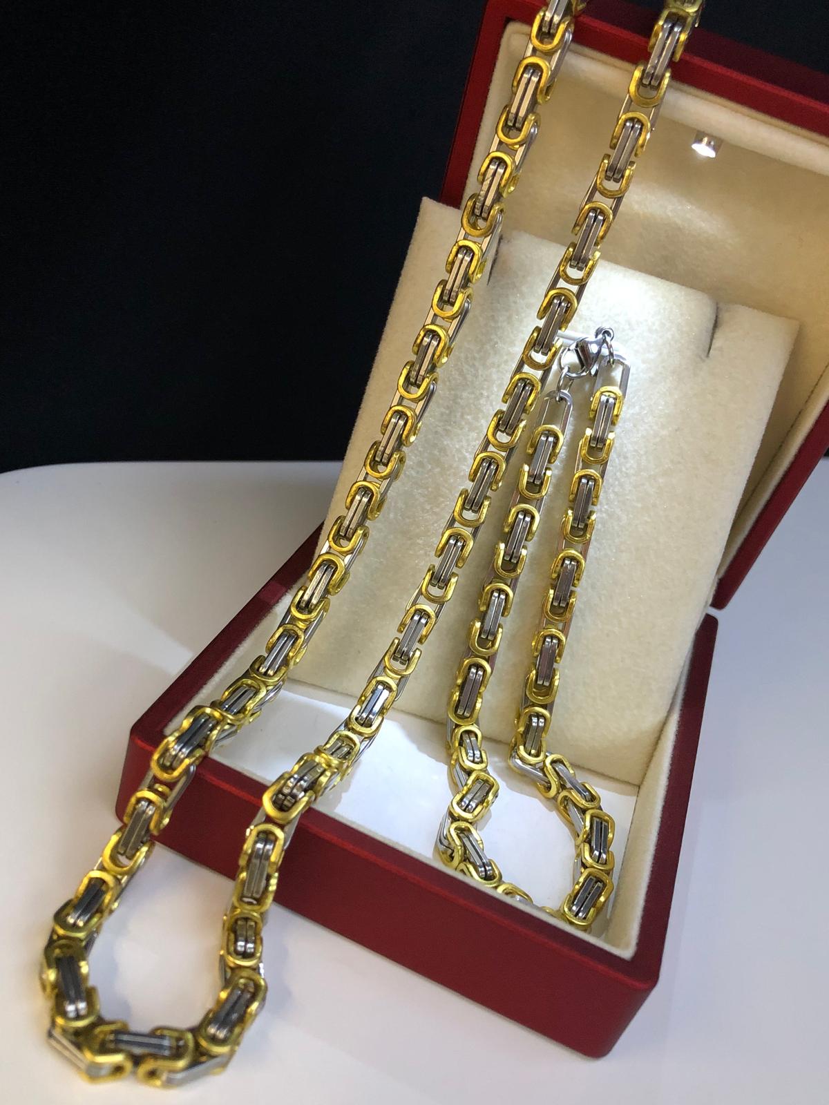 5mm Kral Erkek Çelik Sarı Beyaz Set • Işıklı Kutuda • Sevgiliye • Eşe • Babaya Bileklik Kolye