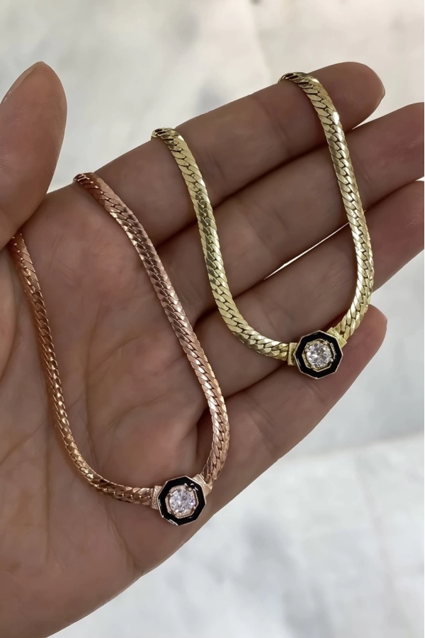 Serenay Sarıkaya Kolye • Çağla Kolye • Choker Chain 18 K Rose Kaplama 925 Ayar Gümüş Kolye 