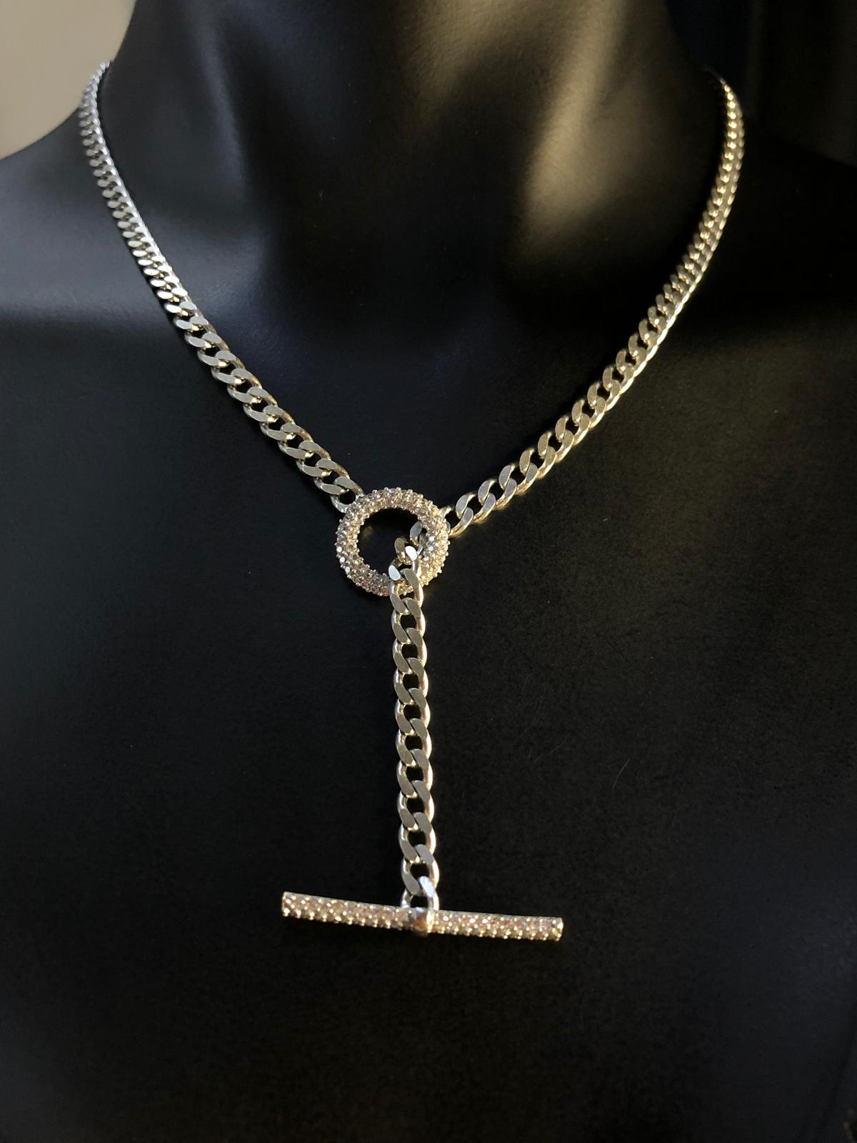 Vog Beyaz T Bar Zirconia Taş Detaylı Kilit Choker Gurmet Zincirli Sevgiliye Eşe Anneye Hediye Kolye