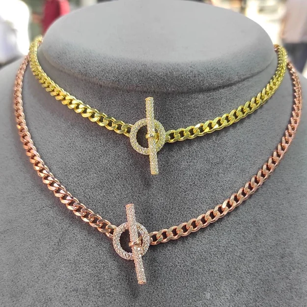 Vog Beyaz T Bar Zirconia Taş Detaylı Kilit Choker Gurmet Zincirli Sevgiliye Eşe Anneye Hediye Kolye