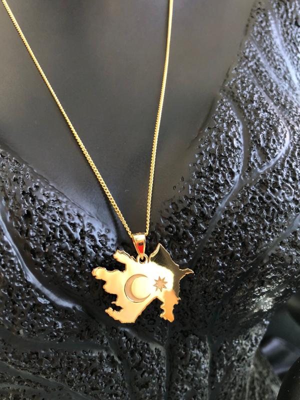 Kadın Erkek Gümüş Kolye - Azerbaycan (AZERBAİJAN) Haritası Bayrağı Gold Renk  Ülke Kolye