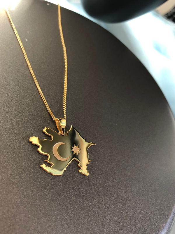 Kadın Erkek Gümüş Kolye - Azerbaycan (AZERBAİJAN) Haritası Bayrağı Gold Renk  Ülke Kolye