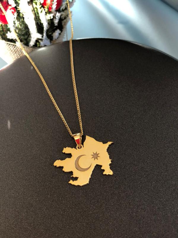 Kadın Erkek Gümüş Kolye - Azerbaycan (AZERBAİJAN) Haritası Bayrağı Gold Renk  Ülke Kolye