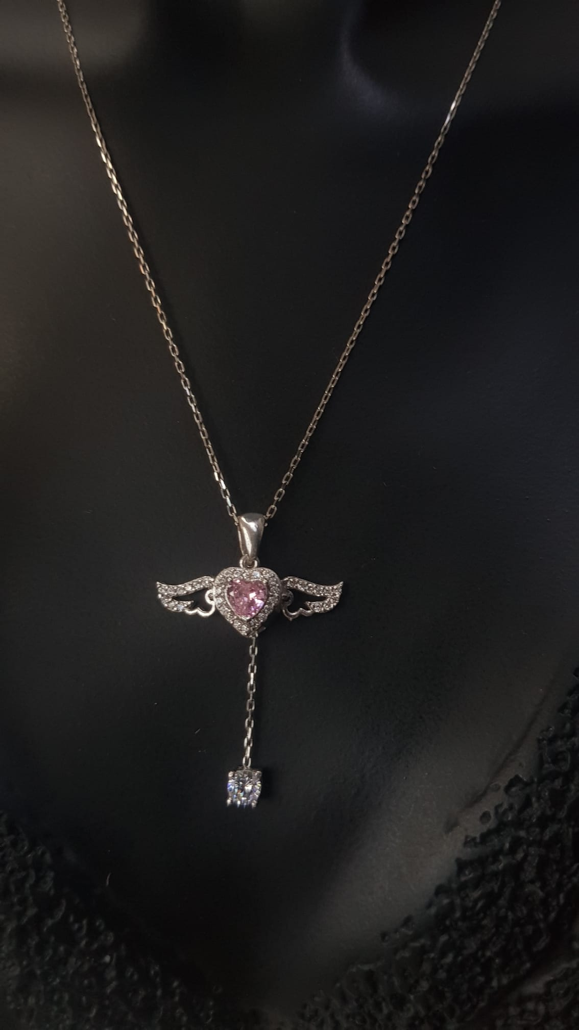 Vog Swarovski Model Melek Kanadı Pembe Kalp Taşlı Hareketli 925 Ayar Gümüş Sevgiliye Kolye