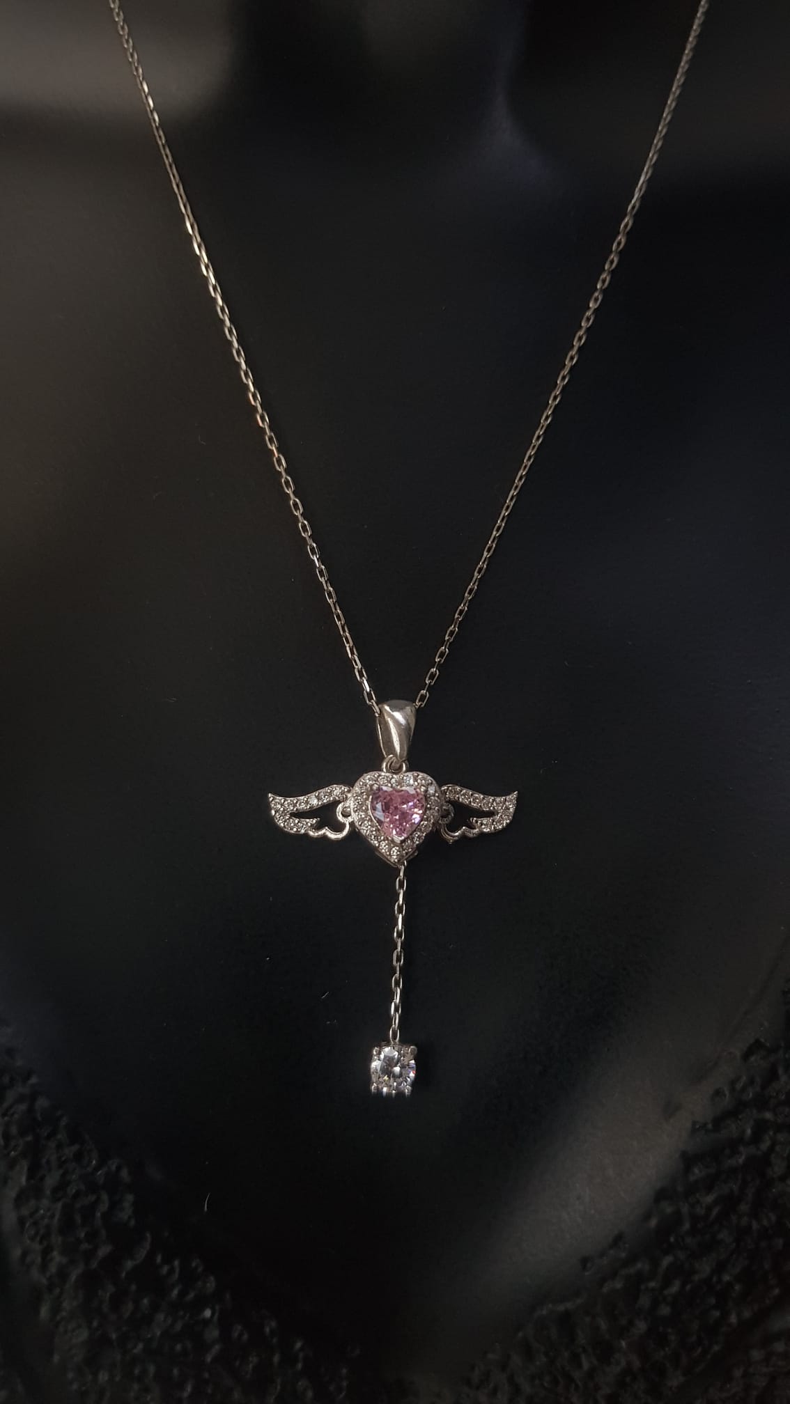 Vog Swarovski Model Melek Kanadı Pembe Kalp Taşlı Hareketli 925 Ayar Gümüş Sevgiliye Kolye