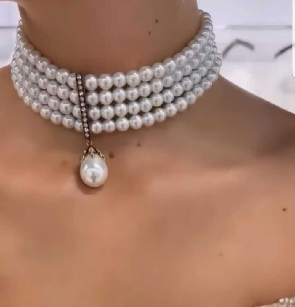 Vog 4 Sıra Cam İnci Tasarım Choker-Hürrem Sultan Modeli Bronz Meteryal Gelin Nişan Choker Gerdanlık