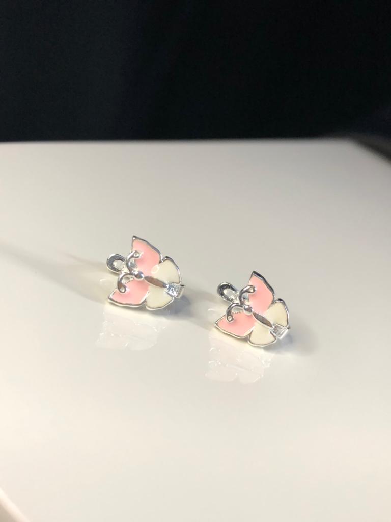 Vog Pembe Mine İşlemeli 925 Ayar Gümüş Kelebek Model Hediyelik Çocuk,Bebek Küpesi