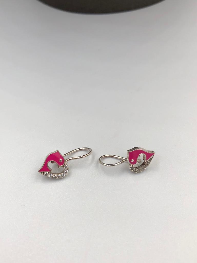 Vog Pembe Mine İşlemeli 925 Ayar Gümüş Yunus Balığı Model Hediyelik Çocuk,Bebek Küpesi
