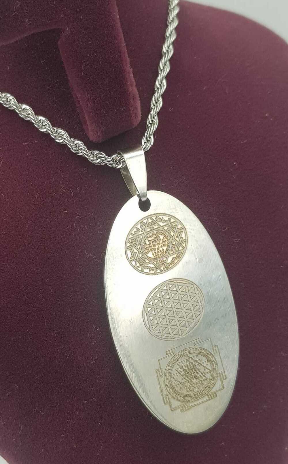 Vog Üçlü Mucize Hz.Süleymanın Mührü,Yaşam Çiçeği V Sri Yantra Sarı Renk Çelik Kolye