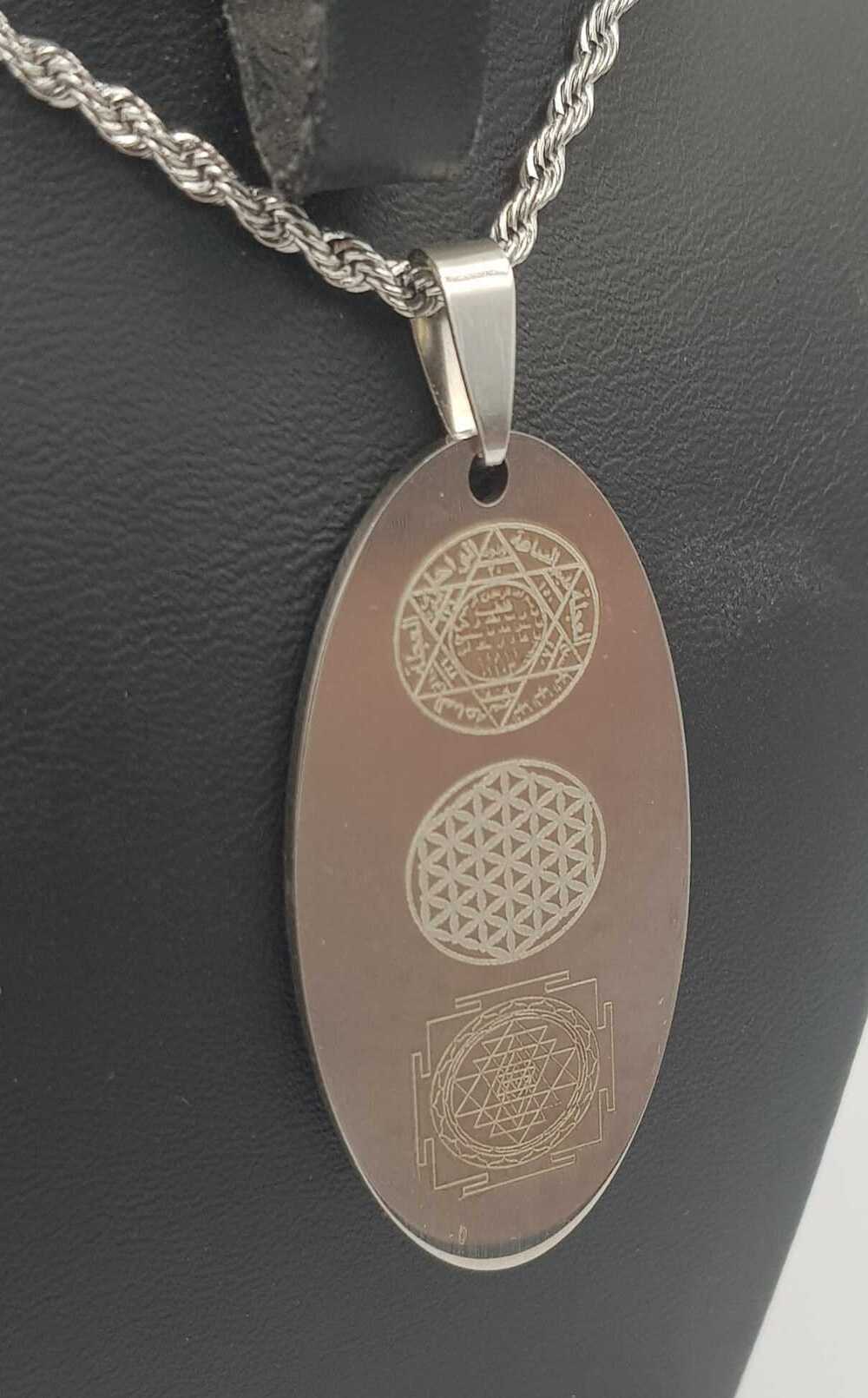 Vog Üçlü Mucize Hz.Süleymanın Mührü,Yaşam Çiçeği V Sri Yantra Sarı Renk Çelik Kolye