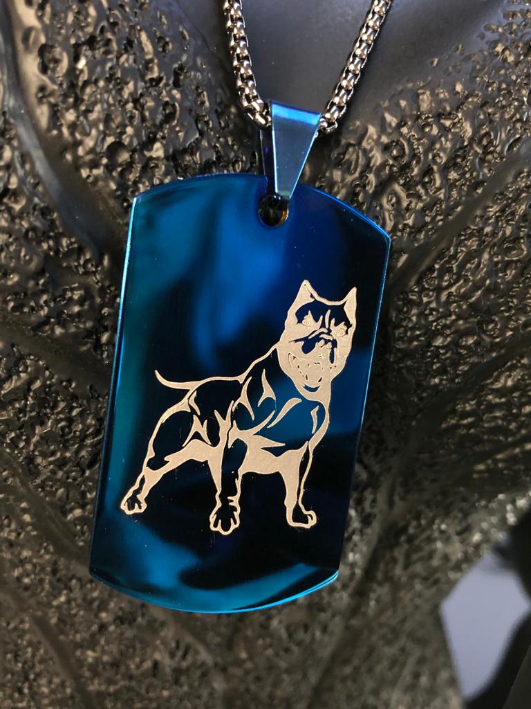 Vog Çelik Plaka Mavi Renk Pitbull Yada Farklı Bir Figürlü Erkek Model Kolye