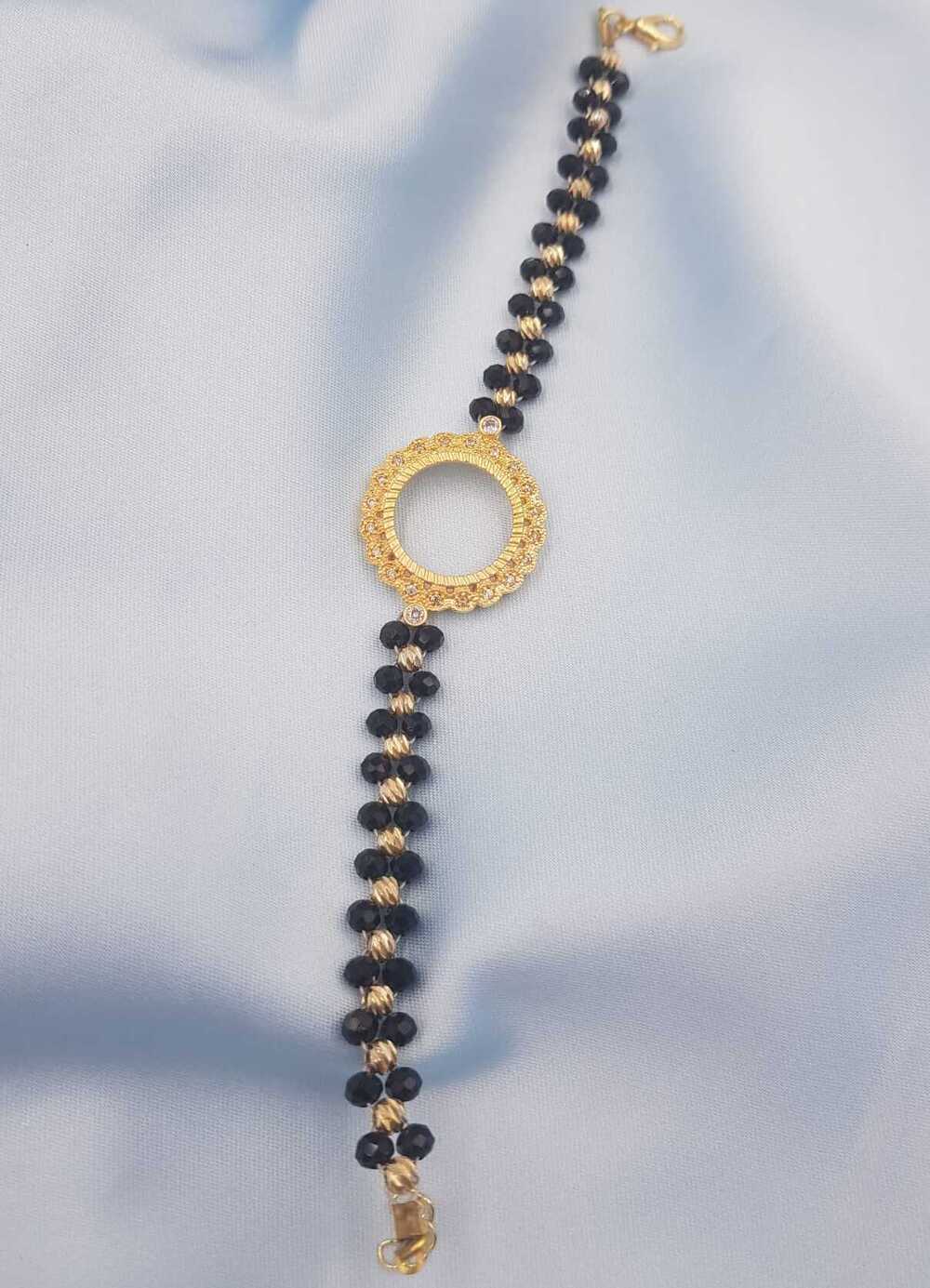 Vog Çeyrek Ve Gram Takılan Siyah Kristal Taşlı 24 Ayar Altın Kaplama Bileklik