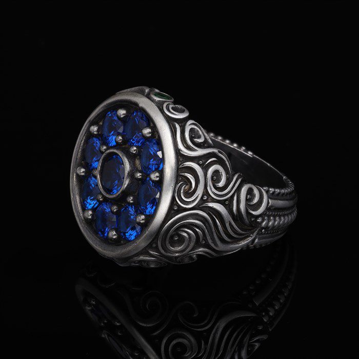 Vog Mavİ Zirconia Taşlı Desenli Motif 925 Ayar Gümüş Sevgiliye Eşe Babaya Hediye Yüzük