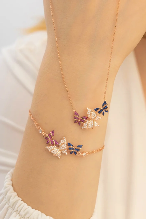 Vog Kadın Gümüş Kolye Bileklik Set - Rose Kelebek Model Gümüş Kolye Bileklik Set