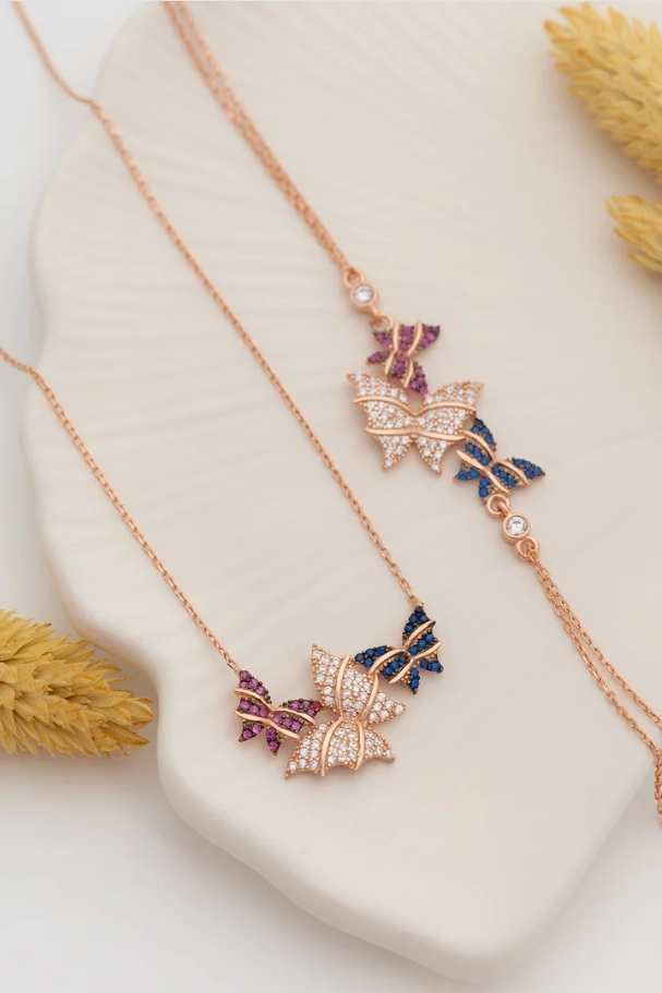 Vog Kadın Gümüş Kolye Bileklik Set - Rose Kelebek Model Gümüş Kolye Bileklik Set