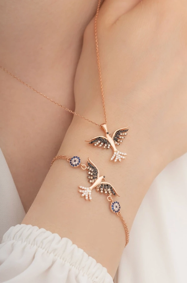 Vog Kadın Gümüş Set - Rose Zümrüdü Anka Kuşu Kolye Bileklik Gümüş Set