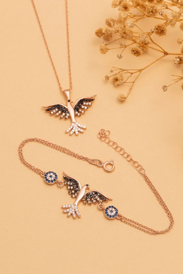 Vog Kadın Gümüş Set - Rose Zümrüdü Anka Kuşu Kolye Bileklik Gümüş Set