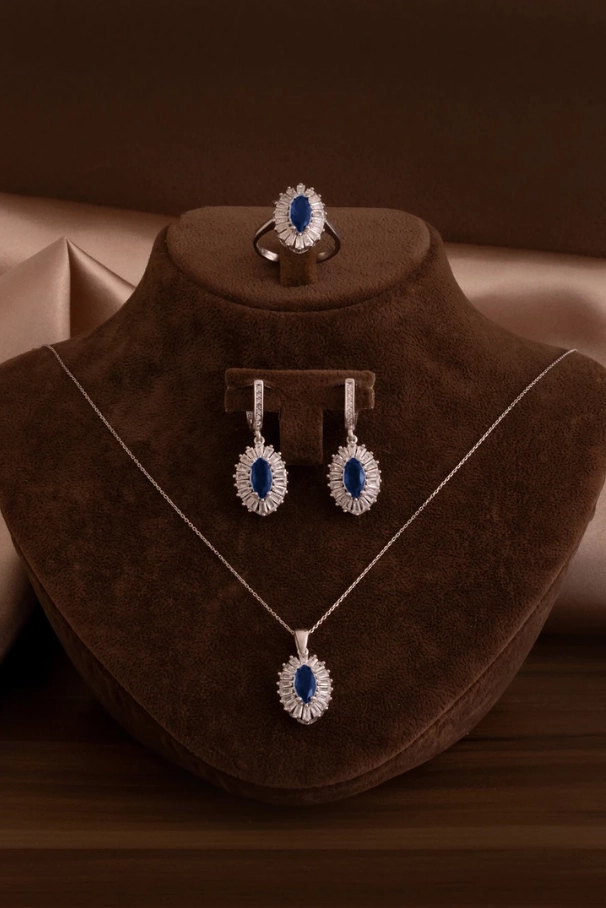 Vog Kadın Gümüş Set - Mekik Model Safir Taşlı Baget Süslemeli Rodyumlu Kadın Set