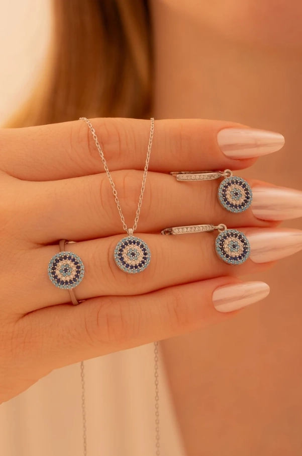 Vog Kadın Gümüş Set - Yuvarlak Model Nazar Boncuğu Motifli Kadın Set