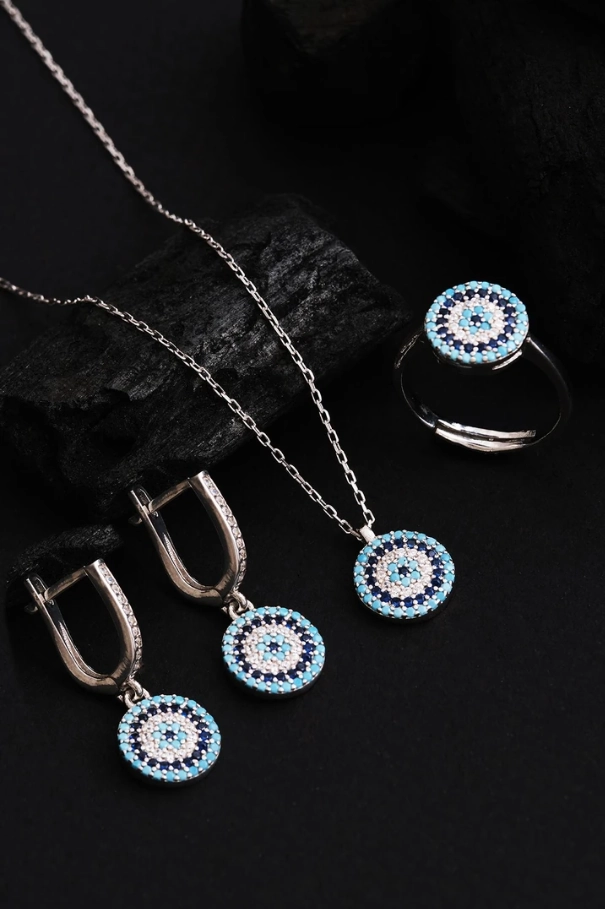 Vog Kadın Gümüş Set - Yuvarlak Model Nazar Boncuğu Motifli Kadın Set