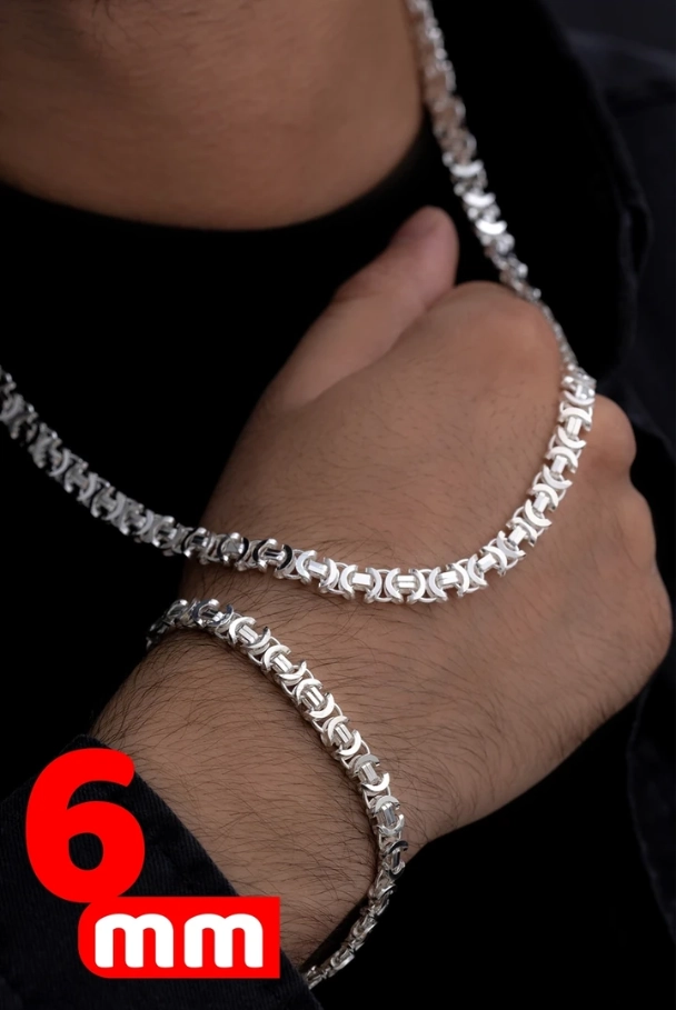 6mm Parlak Euro Kral Model Gümüş Set • Işıklı Kutuda Sevgiliye • Eşe • Babaya Bileklik Kolye Set