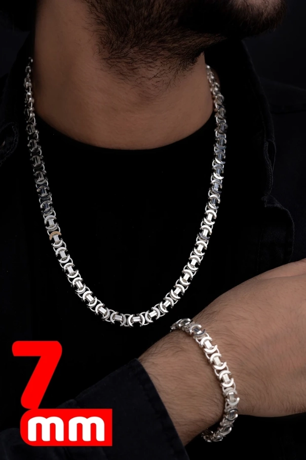 7mm Parlak Euro Kral Model Gümüş Set • Işıklı Kutuda Sevgiliye • Eşe • Babaya Bileklik Kolye Set