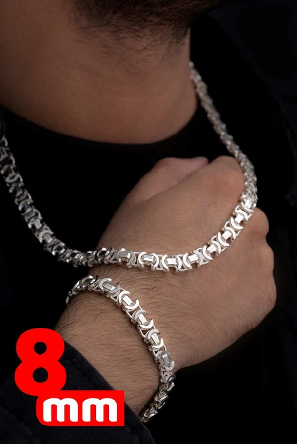 8mm Parlak Euro Kral Model Gümüş Set • Işıklı Kutuda Sevgiliye • Eşe • Babaya Bileklik Kolye Set