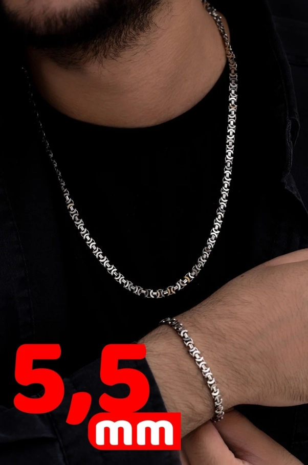 5.5mm Oksitli Euro Kral Model Gümüş Set • Işıklı Kutuda Sevgiliye • Eşe • Babaya Bileklik Kolye Set