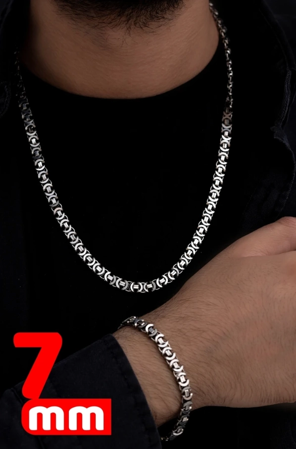 7mm Oksitli Euro Kral Model Gümüş Set • Işıklı Kutuda Sevgiliye • Eşe • Babaya Bileklik Kolye Set