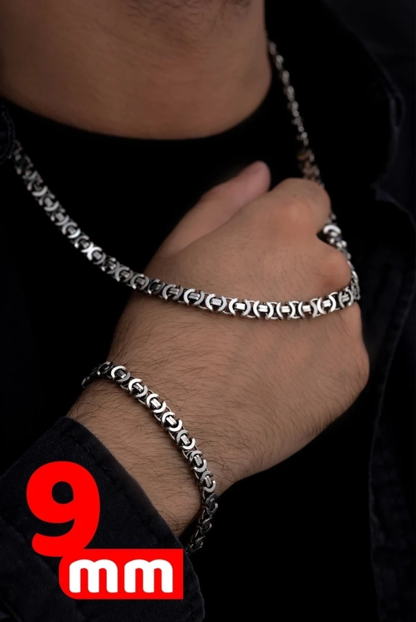 9mm Oksitli Euro Kral Model Gümüş Set • Işıklı Kutuda Sevgiliye • Eşe • Babaya Bileklik Kolye Set