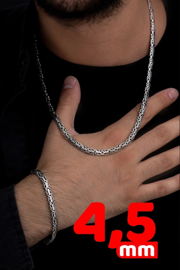 4.5mm Yassı Ezme Kral Model Set 925 Gümüş • Işıklı Kutuda Sevgiliye • Eşe Erkek Kolye Bileklik Set