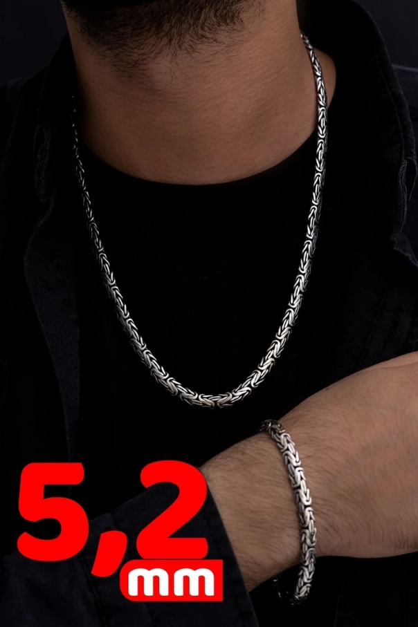 5.2mm Yassı Ezme Kral Model Set 925 Gümüş • Işıklı Kutuda Sevgiliye • Eşe Erkek Kolye Bileklik Set