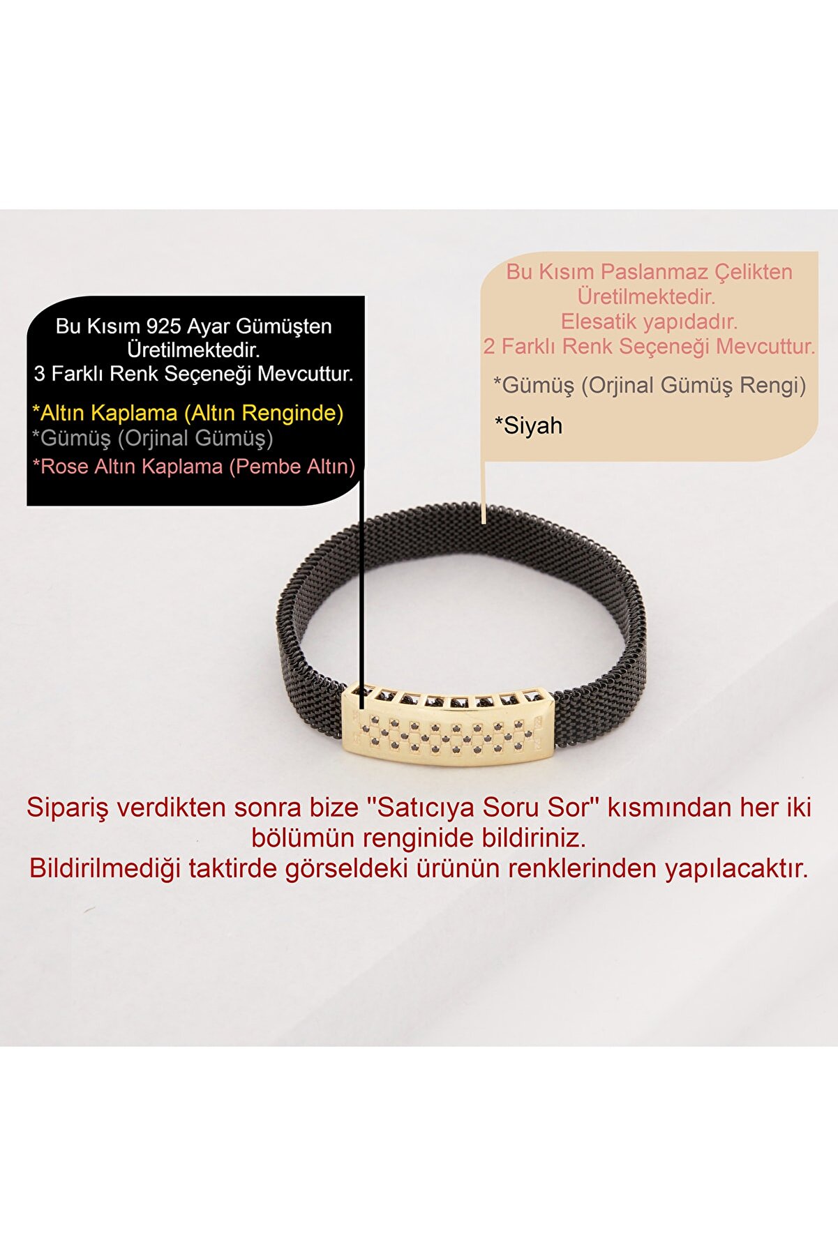 Vog Siyah Esnek Çelik V Sarı Gümüş Siyah Oniks Taşlı Sevgiliye,Babaya,Arkadaşa Bileklik