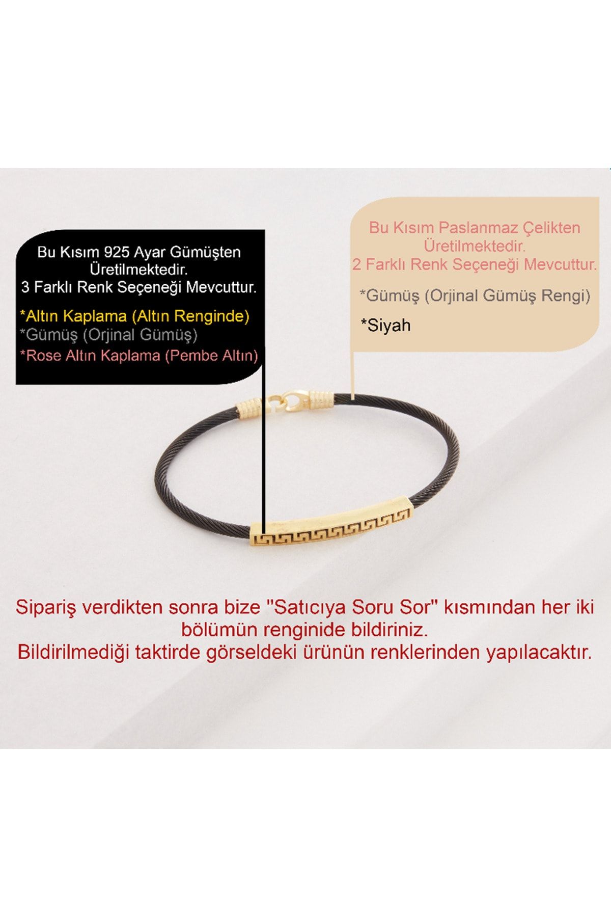 Vog Siyah Çelik V Sarı Greek Gümüş Desenli Hediyelik Sevigilye,Babaya,Arkadaşa Erkek Bileklik