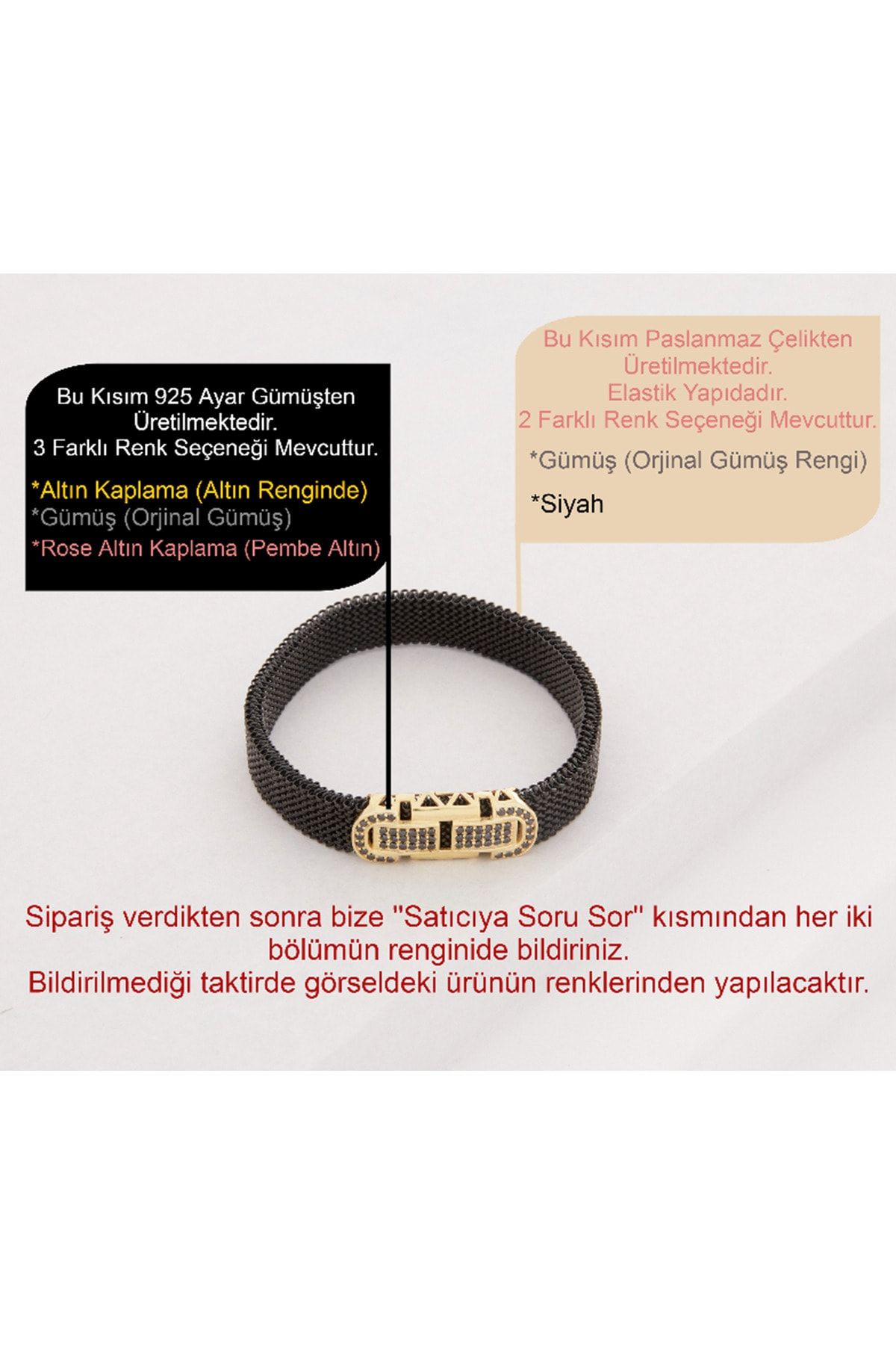 Vog Esnek Çelik V Sarı Gümüş Siyah Oniks Taşlı Hediyelik Sevgiliye,Babaya,Arkadaşa Elastik Bileklik