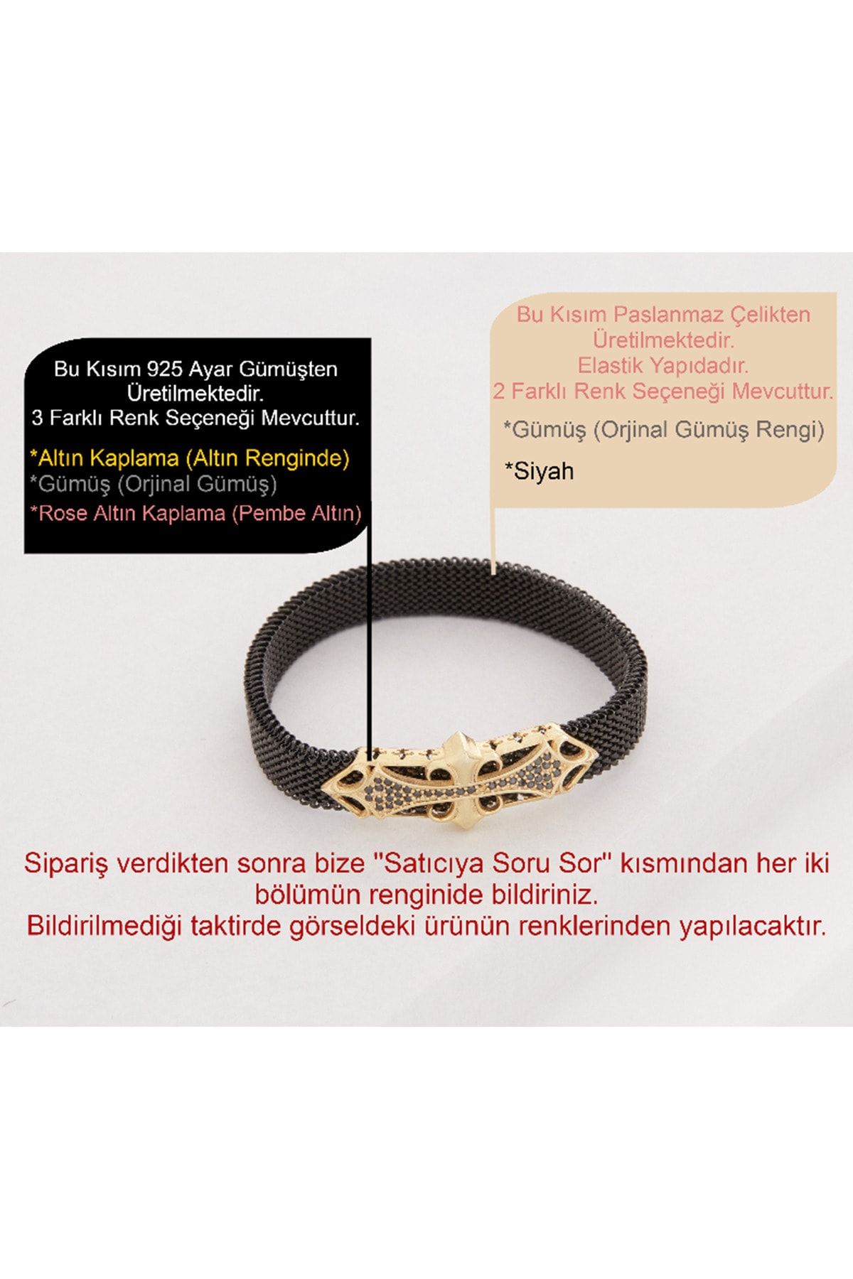 Vog Esnek Çelik V Sarı Gümüş Siyah Oniks Taşlı Hediyelik Sevgiliye,Babaya,Arkadaşa Elastik Bileklik