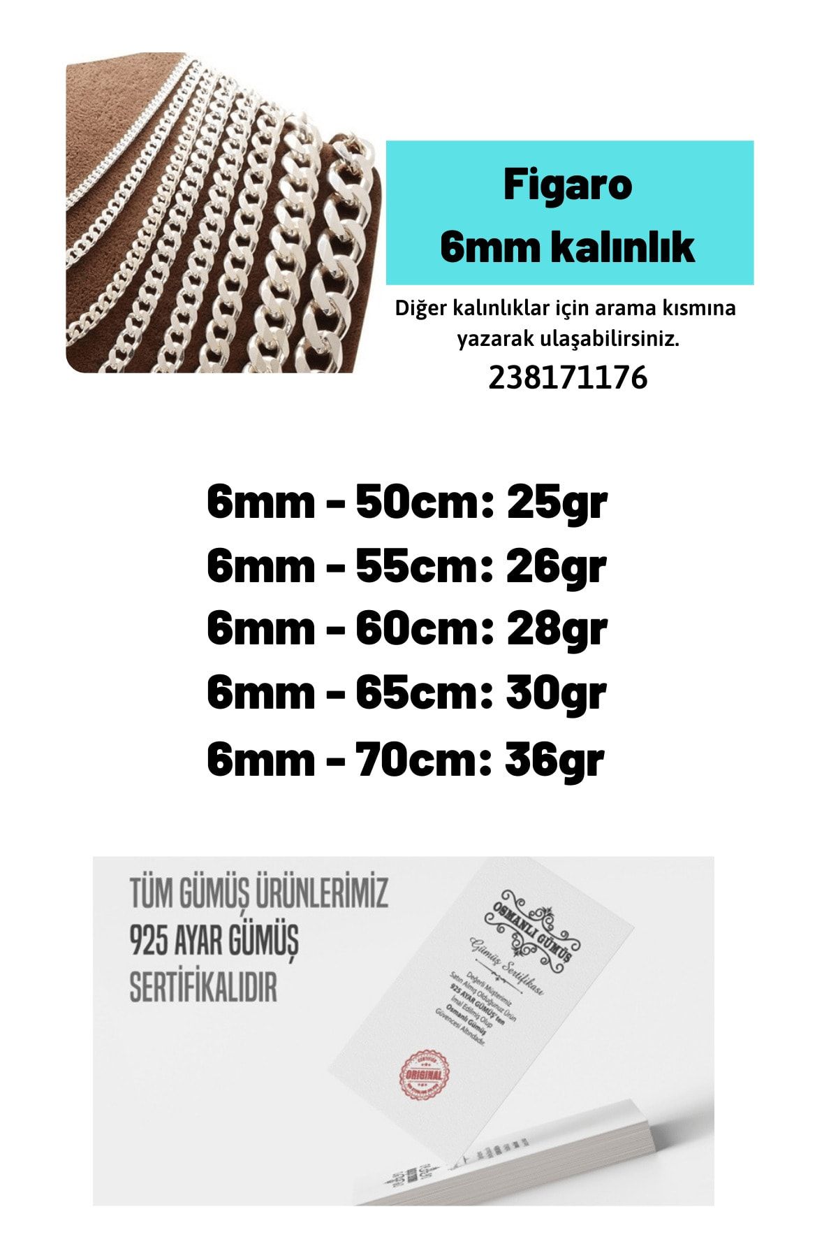  Vog 6mm Figaro Model 925 Ayar Gümüş Erkek Kolye Zincir Modelleri 