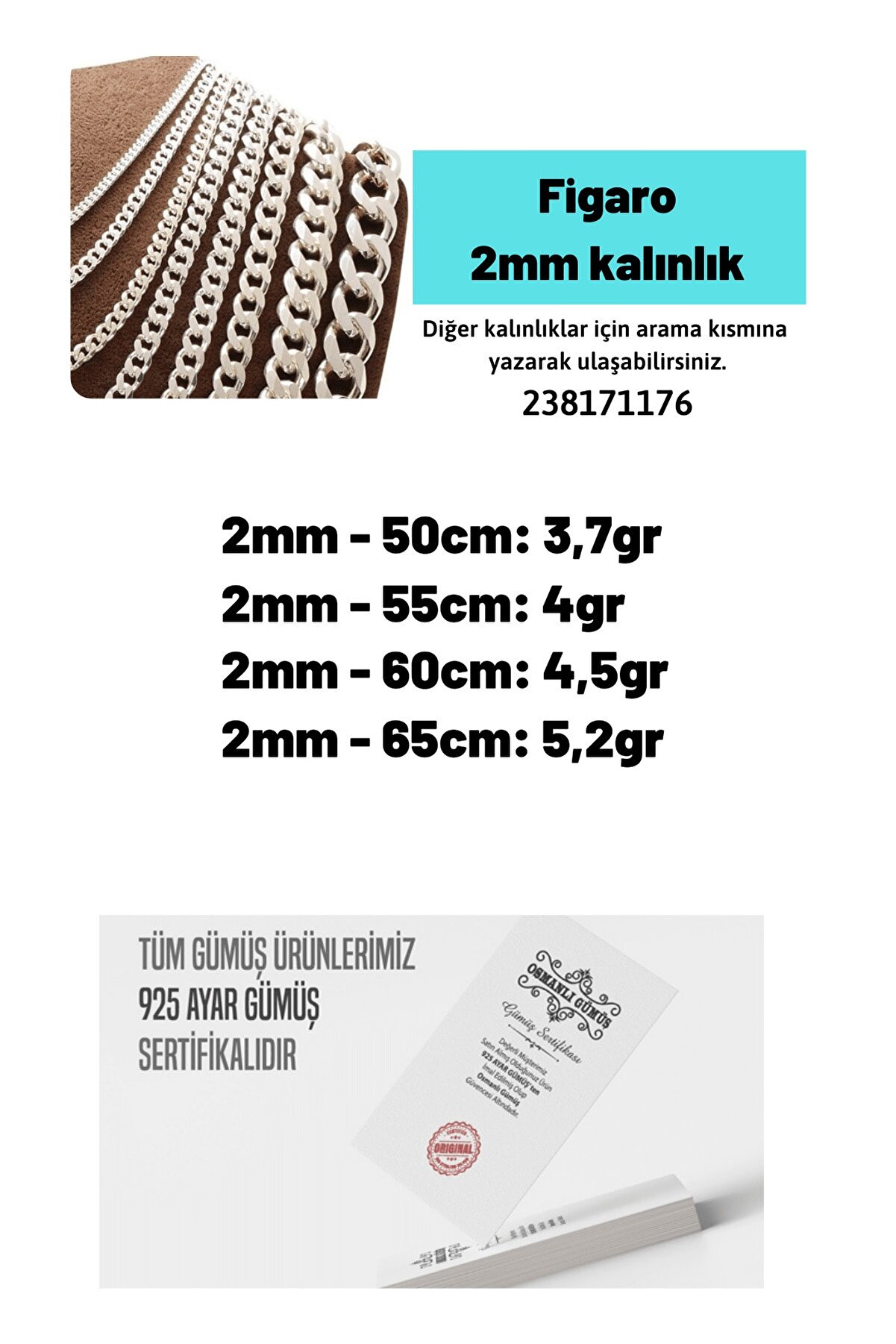 Vog 2mm Figaro Model 925 Ayar Gümüş Erkek Kolye Zincir Modelleri