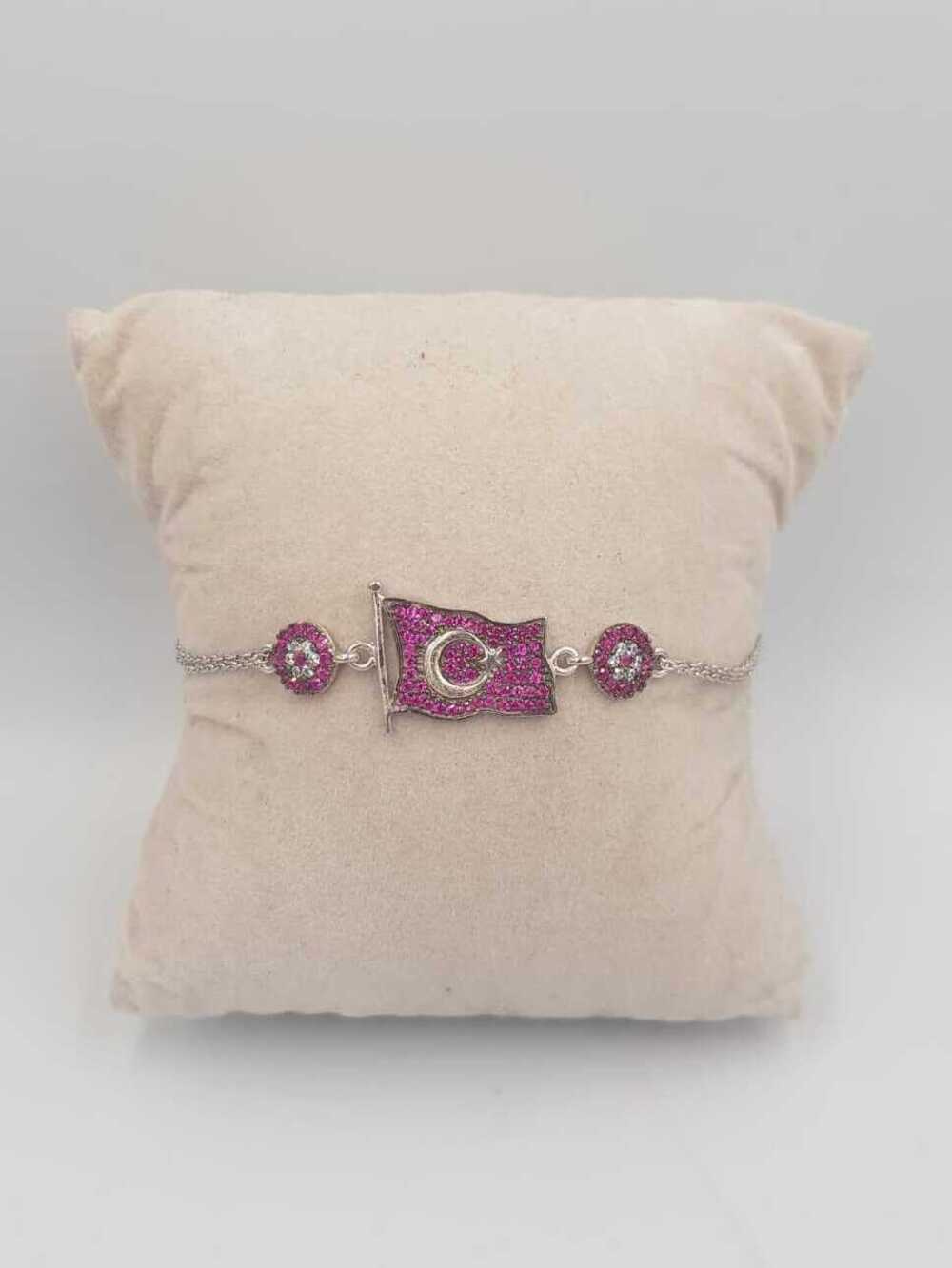 Vog Kırmızı Taşlı Türk Bayrağı 925 Ayar Gümüş Sevgiliye,Anneye,Arkadaşa Hediye Bileklik