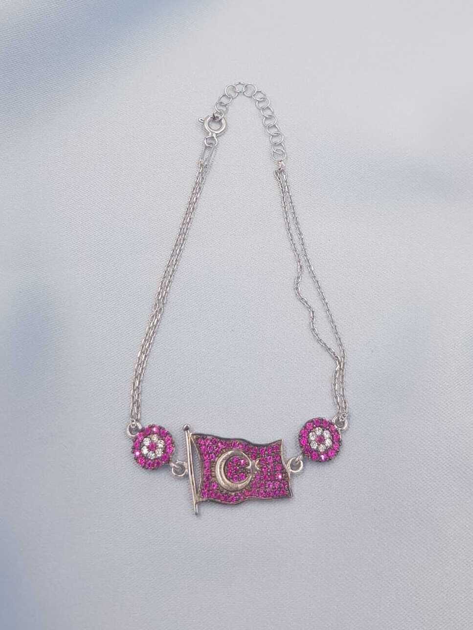 Vog Kırmızı Taşlı Türk Bayrağı 925 Ayar Gümüş Sevgiliye,Anneye,Arkadaşa Hediye Bileklik