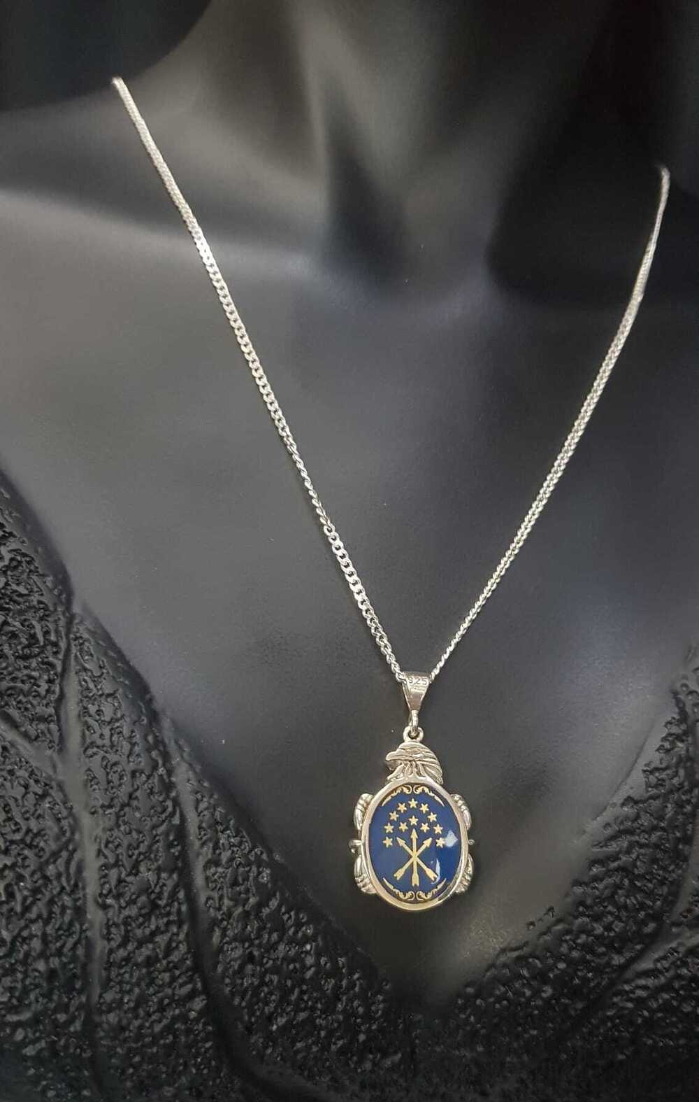Vog Mine İşlemeli Kartal Başı Motifli Adige Çerkez Bayrağı 925 Ayar Gümüş Kolye