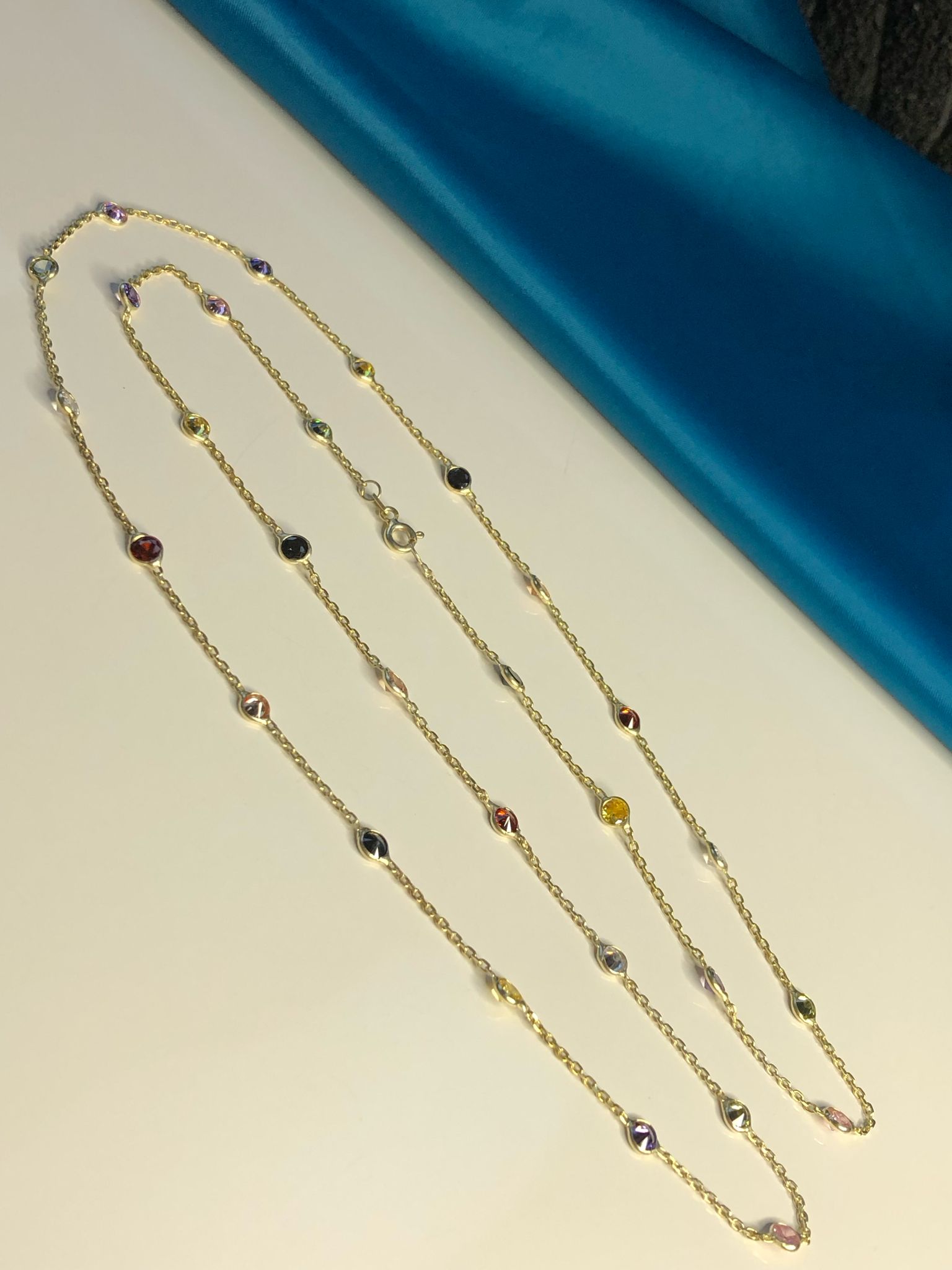 Vog Mix Renkli Zirconia Taşlı Uzun Boy 70 Cm Gold Renk 925 Ayar Gümüş Kolye
