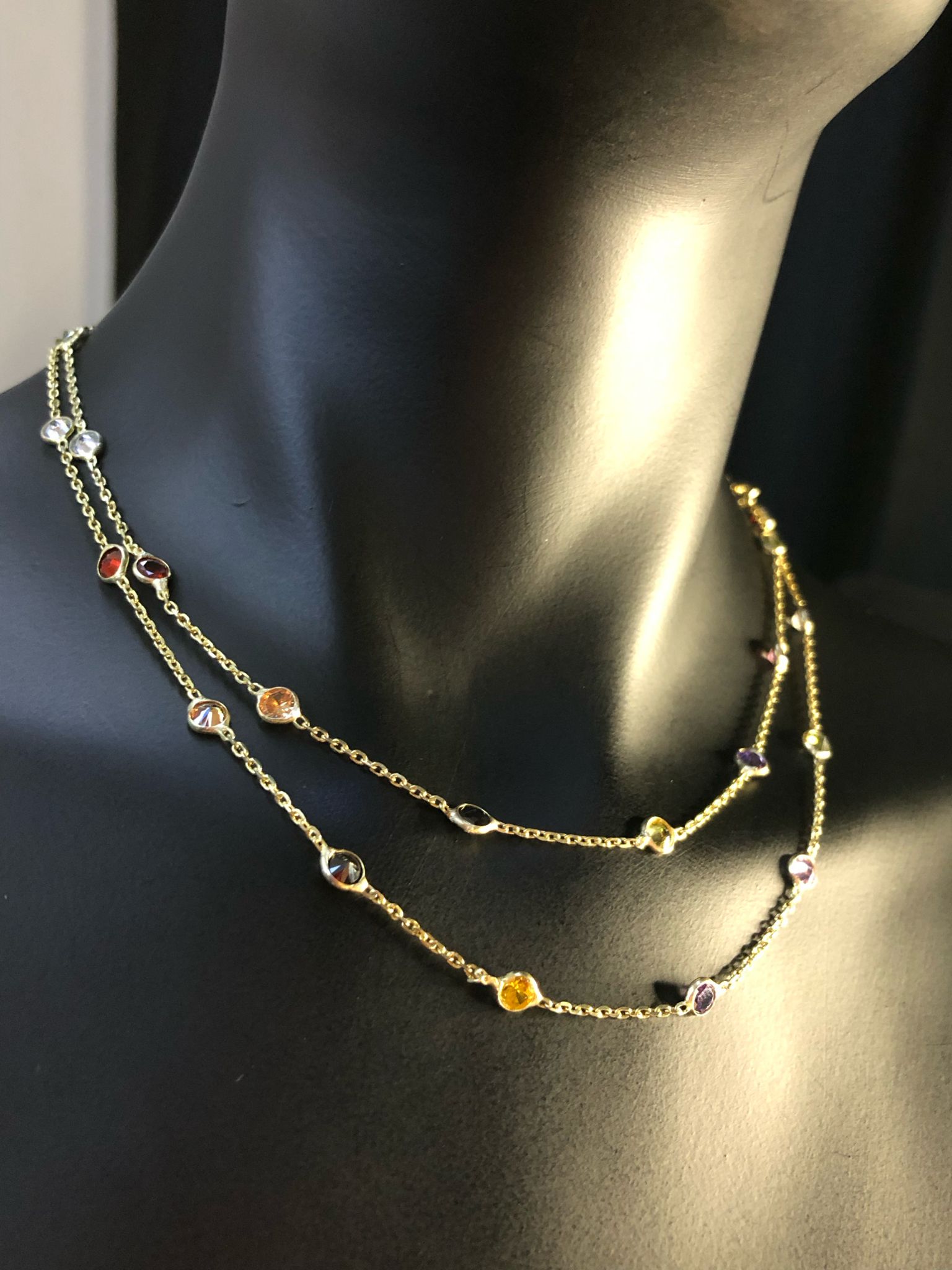 Vog Mix Renkli Zirconia Taşlı Uzun Boy 70 Cm Gold Renk 925 Ayar Gümüş Kolye