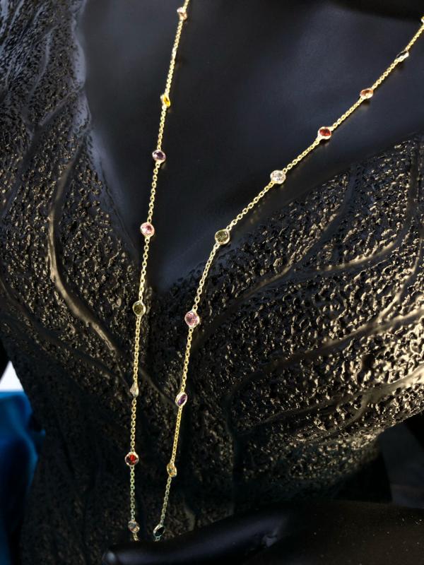 Vog Mix Renkli Zirconia Taşlı Uzun Boy 70 Cm Gold Renk 925 Ayar Gümüş Kolye