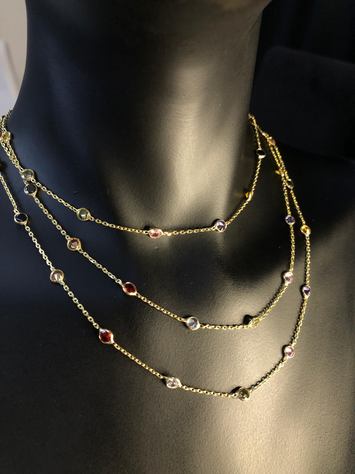 Vog Mix Renkli Zirconia Taşlı Uzun Boy 112 Cm Gold Renk 925 Ayar Gümüş Kolye