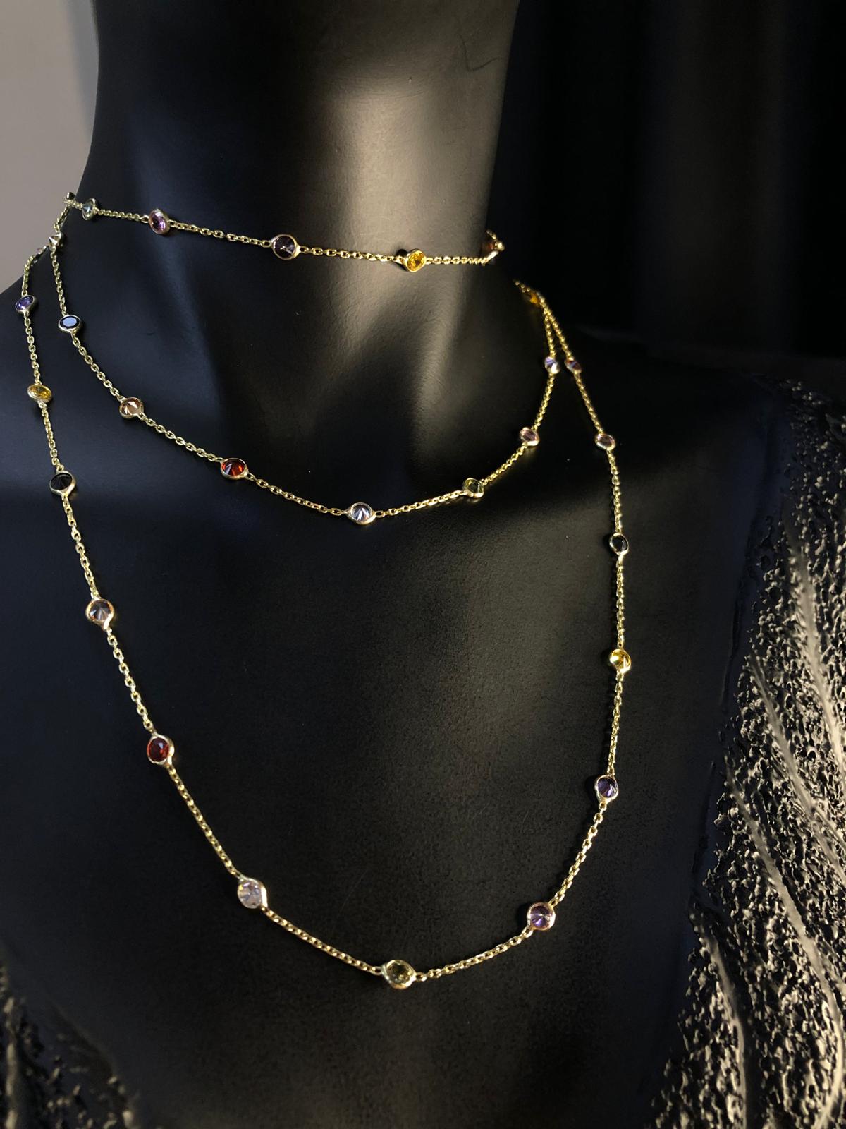 Vog Mix Renkli Zirconia Taşlı Uzun Boy 112 Cm Gold Renk 925 Ayar Gümüş Kolye