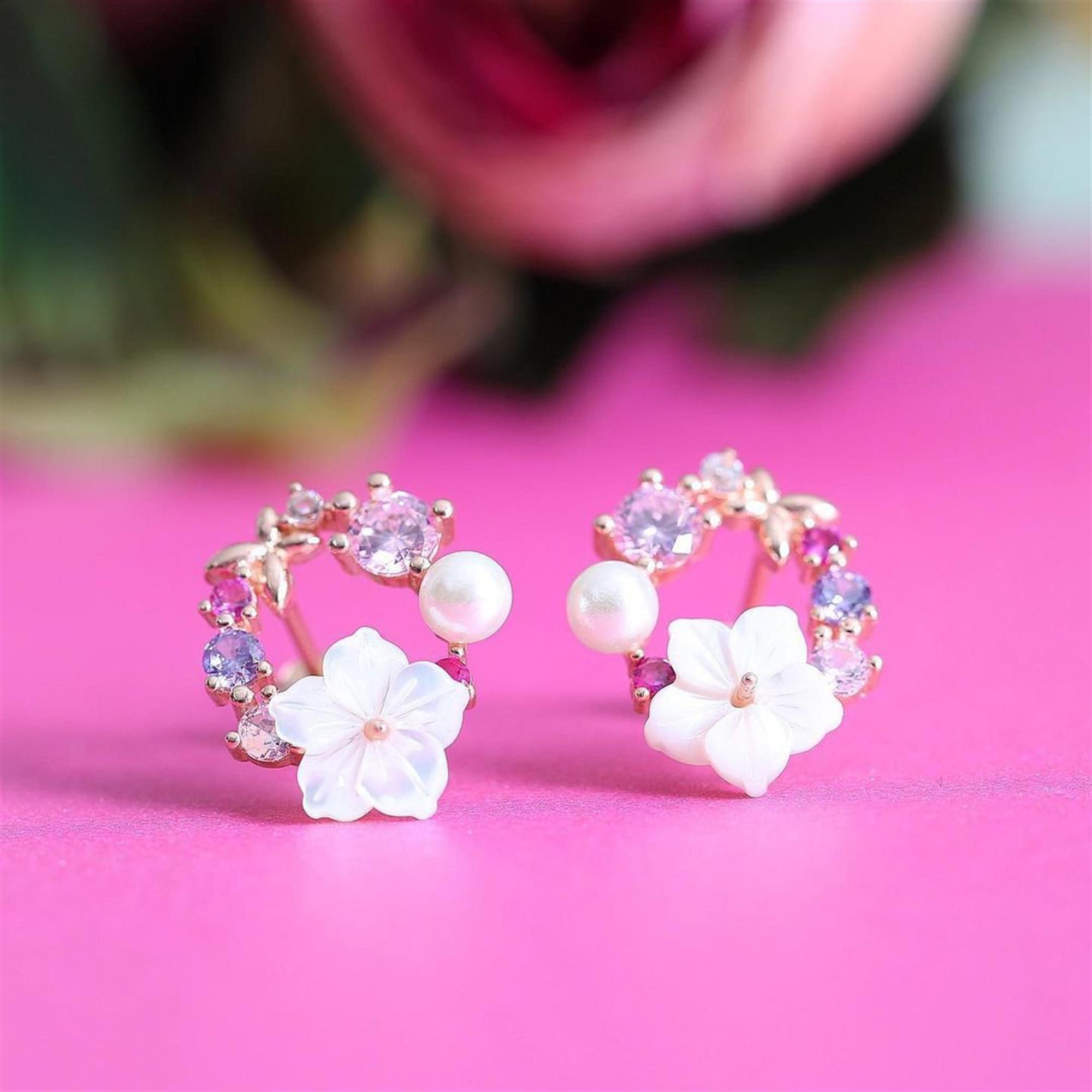Vog İtalyan Tasarım Soft Çiçekler Rose Renk Flowers 925 Ayar Gümüş Küpe