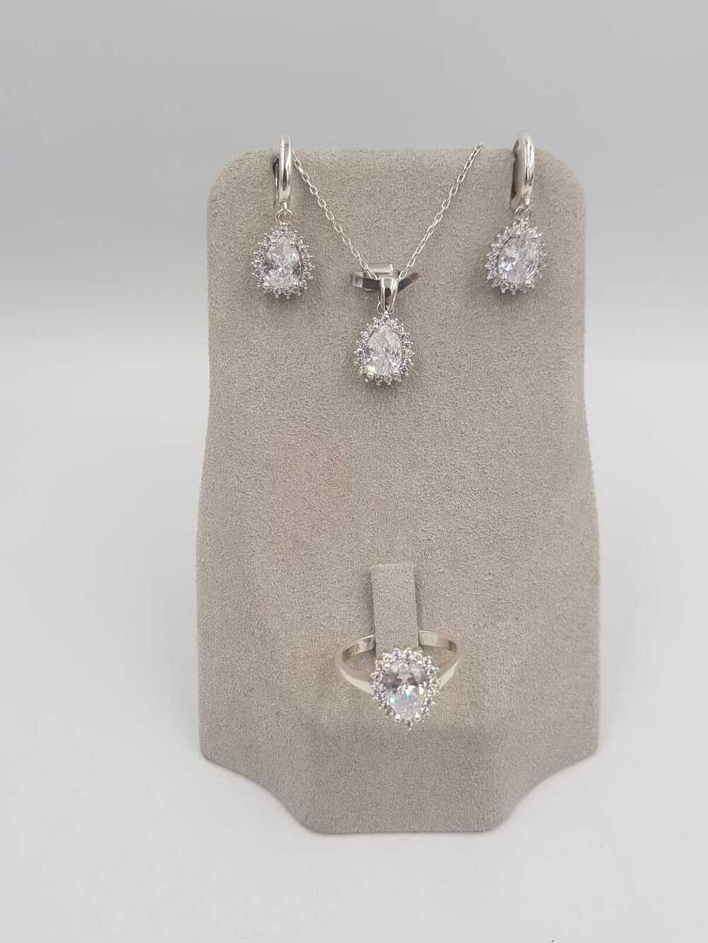 Vog Swarovski Taşlı Damla Model 3’Lü 925 Ayar Gümüş Set Kolye,Yüzük,Küpe