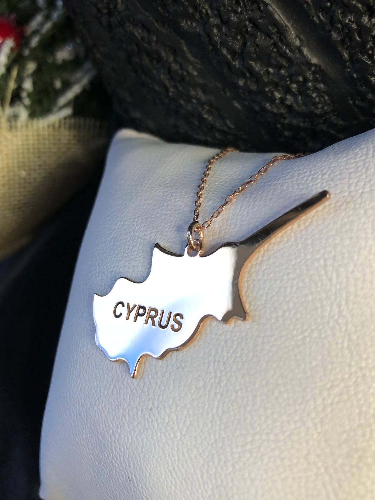 Kadın Gümüş Kolye - Kıbrıs (CYPRUS) Haritası Bayrağı Rose Renk 925 Ayar Gümüş Ülke Kolye